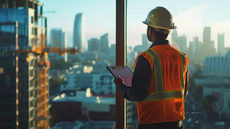 A contractor in a hard hat and orange vest looking out over a construction site